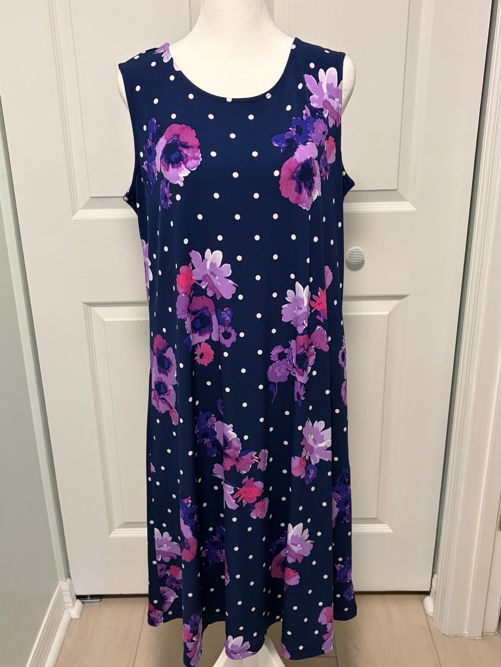 Susan Graver Navy Floral Polka Dot Sleeveless Swing Dress